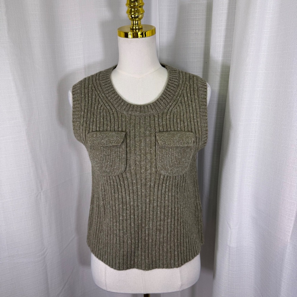 Massimo Dutti Ribbed Knit Sweater Vest Womens Medium Military Green Flap Pockets